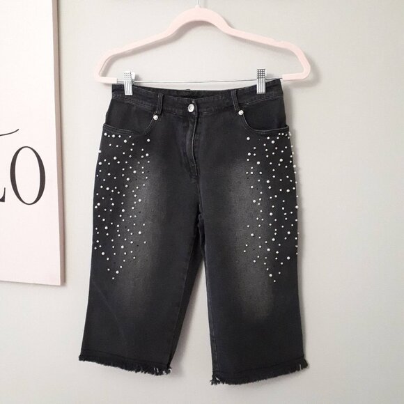 NWOT Christine Phillipe black wash denim shorts w/ faux pearl & crystals, 4 - Picture 4 of 11